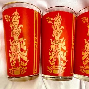 Vintage Set of 4 King of Siam Culver Red and Gold Tumblers Highball Glasses